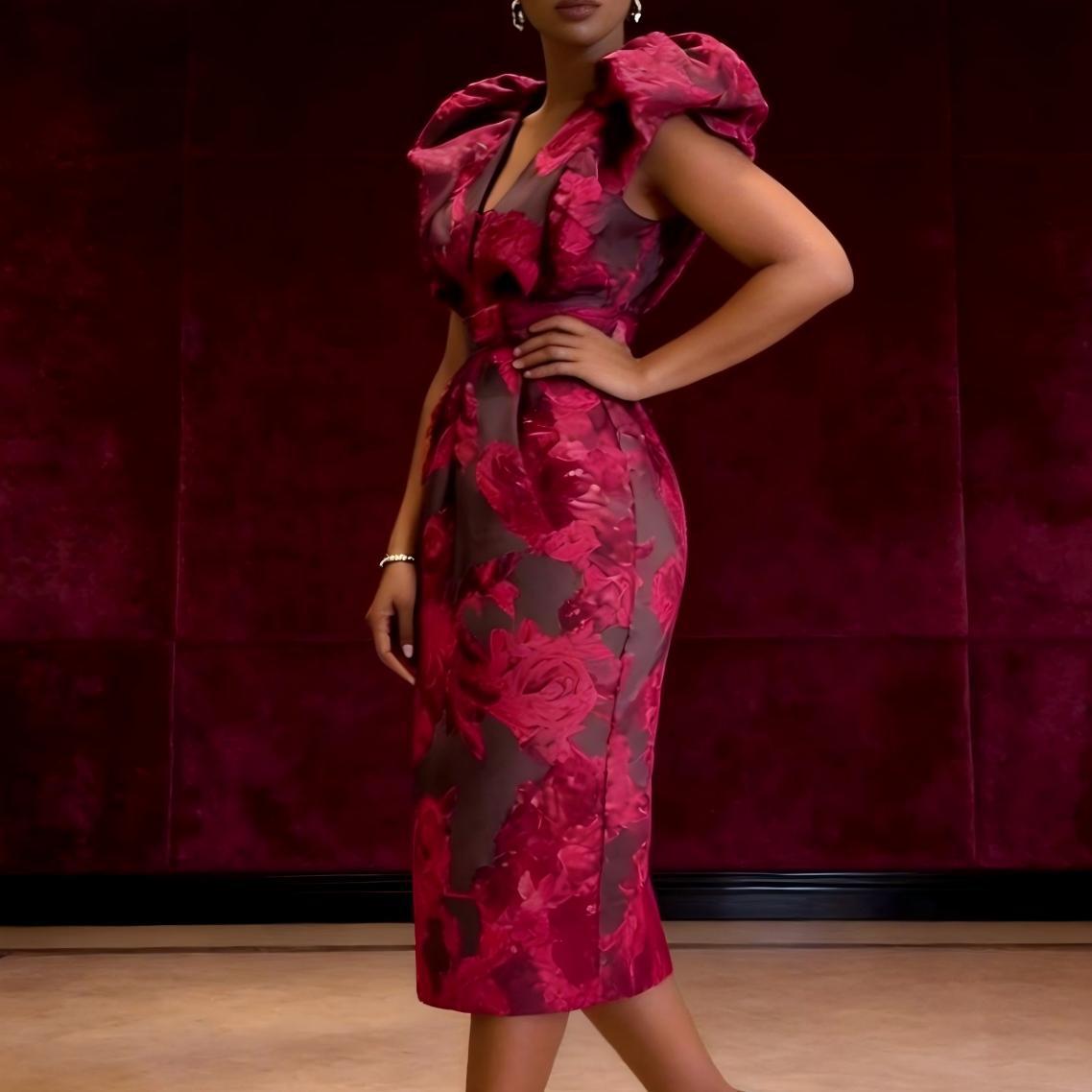 Midi Dress - QMANSHA Plus Size Burgundy Floral Jacquard