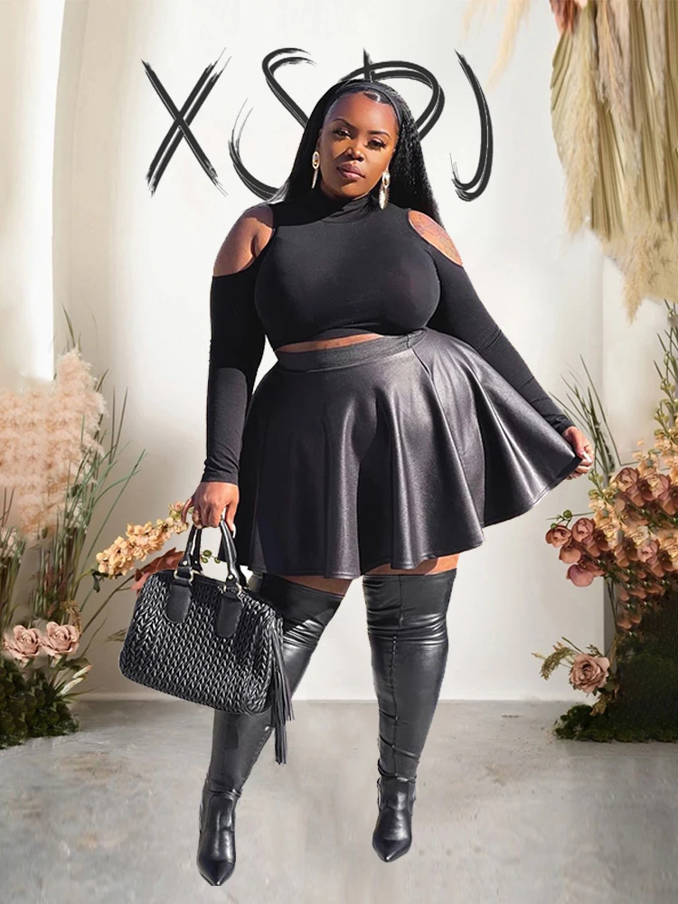 Formal Skirt - Women Plus Size Matte Leather Flare